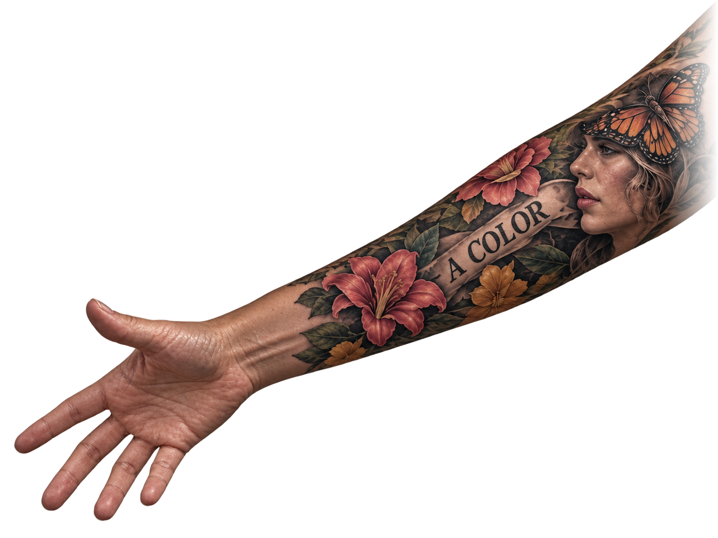 Brazo tatuado a color con flores, una mariposa y un retrato, donde se lee A color