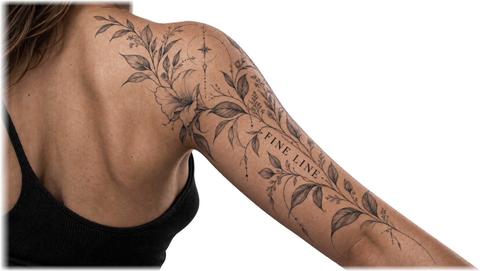 Hombro y brazo de una mujer con un tatuaje de línea fina de hojas y flores donde se lee Fine Line